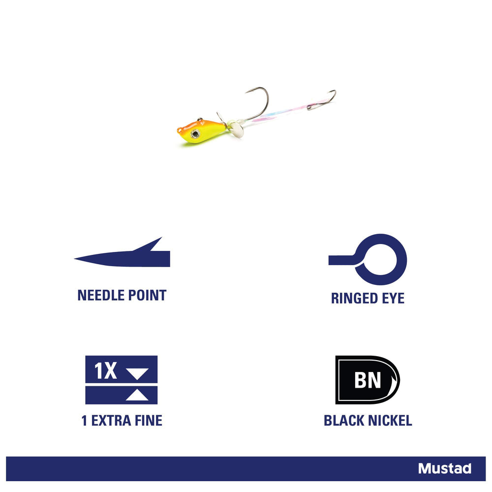 Mustad Walleye Death Spinner orange-chartreuse 1/2oz hook ensures reliable strikes
