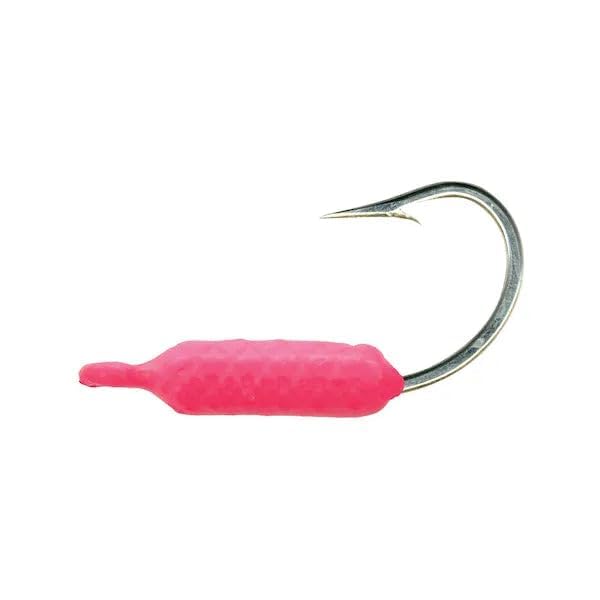Mustad jig closeup in pink with chartreuse accents for high visibility.