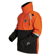 Mustang Survival Catalyst Coat red-black, back view, highlights M-Tech Comfort System and ventilation