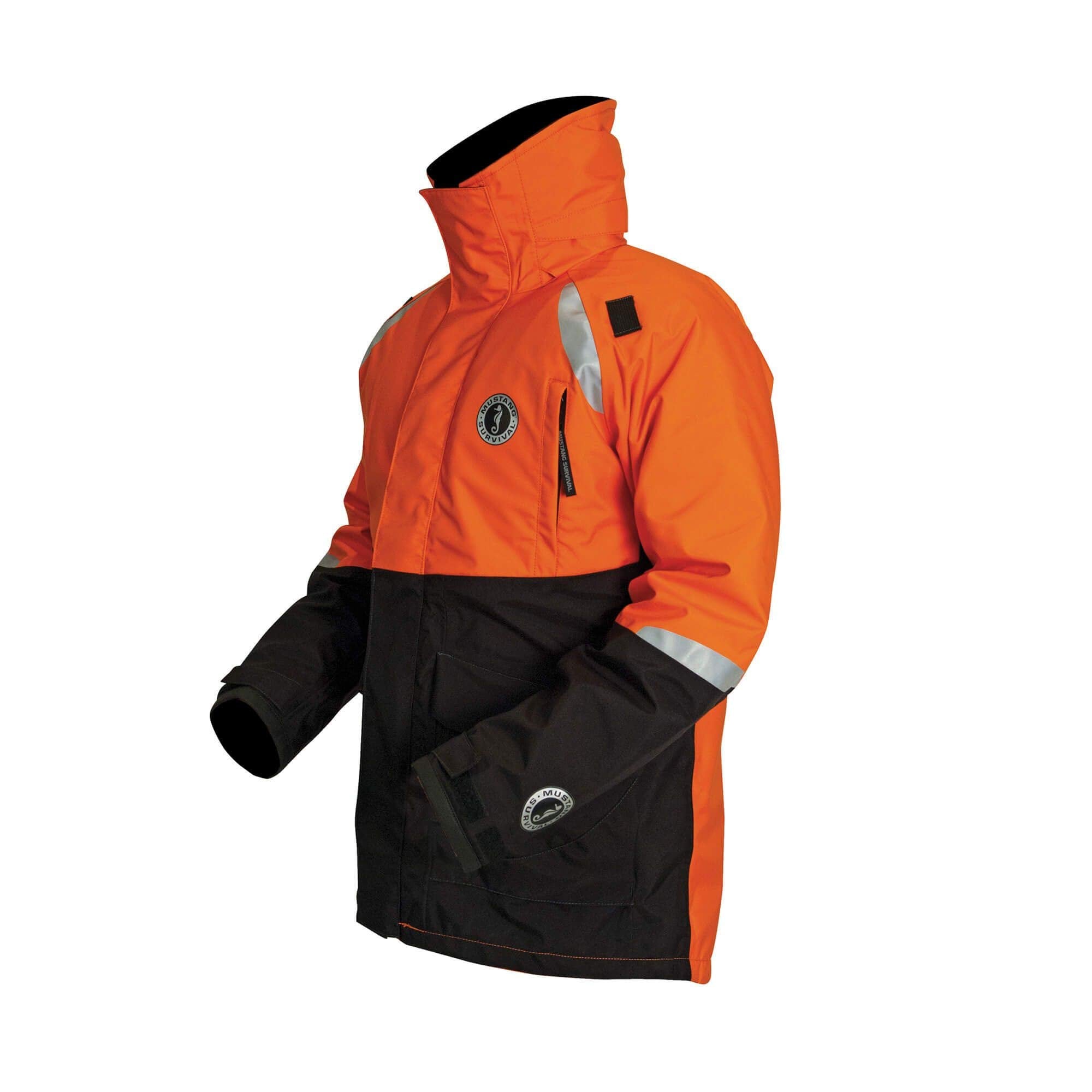 Mustang Survival Catalyst Floatation Coat side view highlighting ergonomic silhouette and ventilation