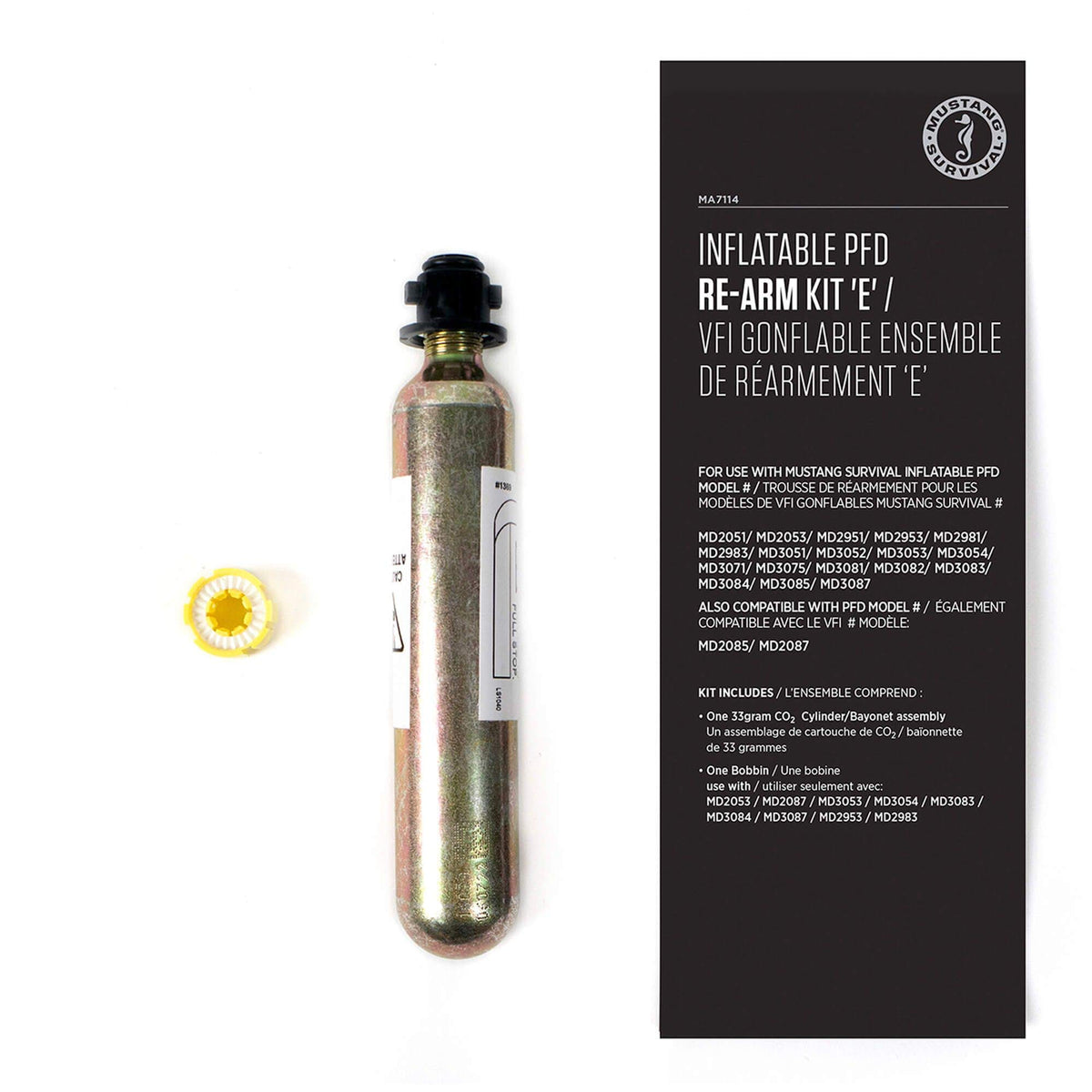 Mustang Survival Re-Arm Kit E with 33g CO2 cylinder for quick re-arm after deployment.