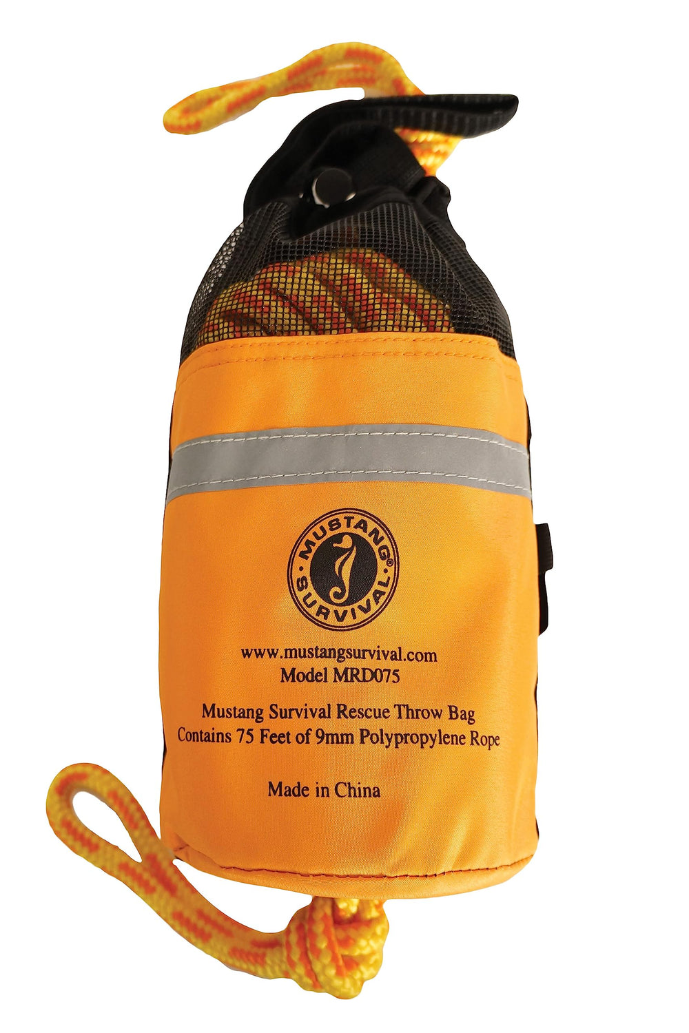 Mustang Survival throw bag with 75 ft rope for rapid water rescue practice.