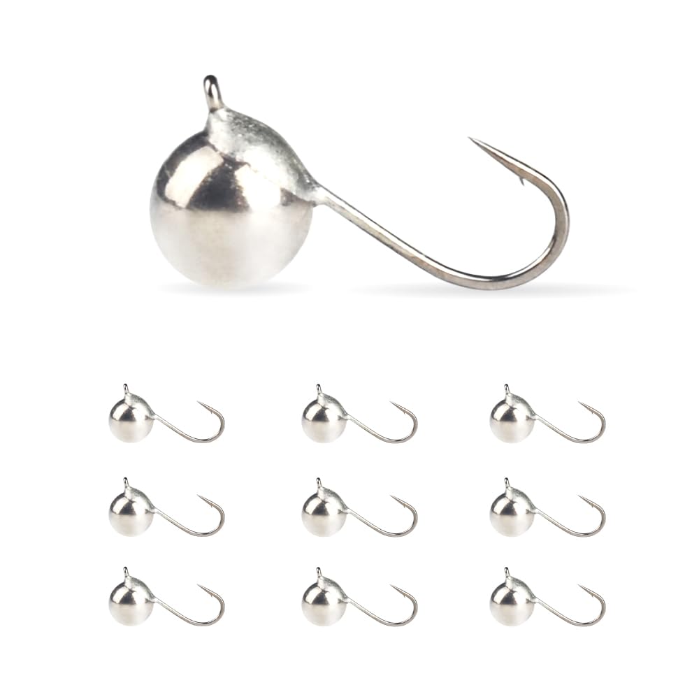 MUUNN 10-pack unpainted tungsten round ice jigs with high density for a compact profile.