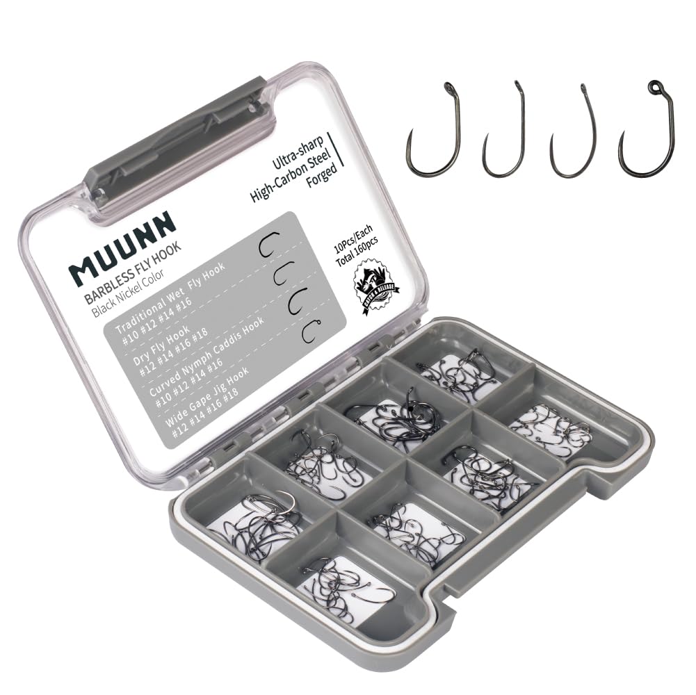 MUUNN 160-piece barbless fly tying hooks assortment, sizes 10–16