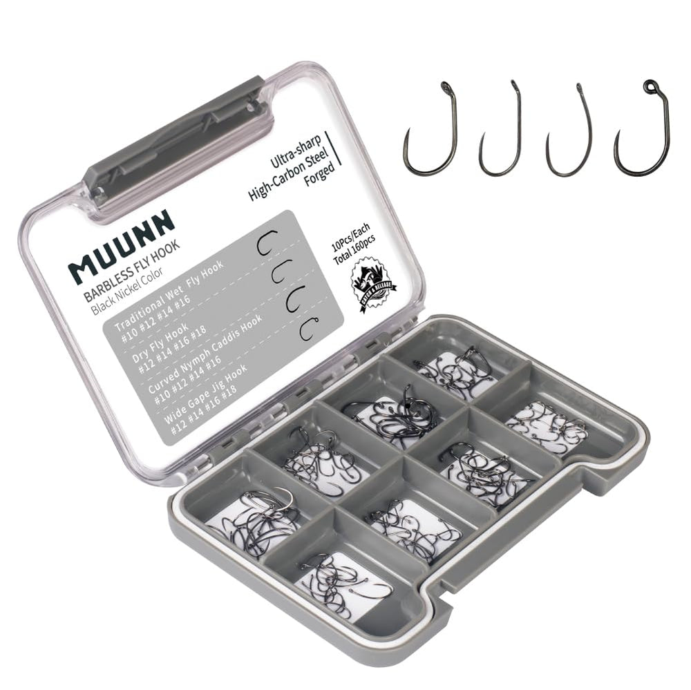 MUUNN 160-piece barbless fly tying hooks assortment, sizes 10–16