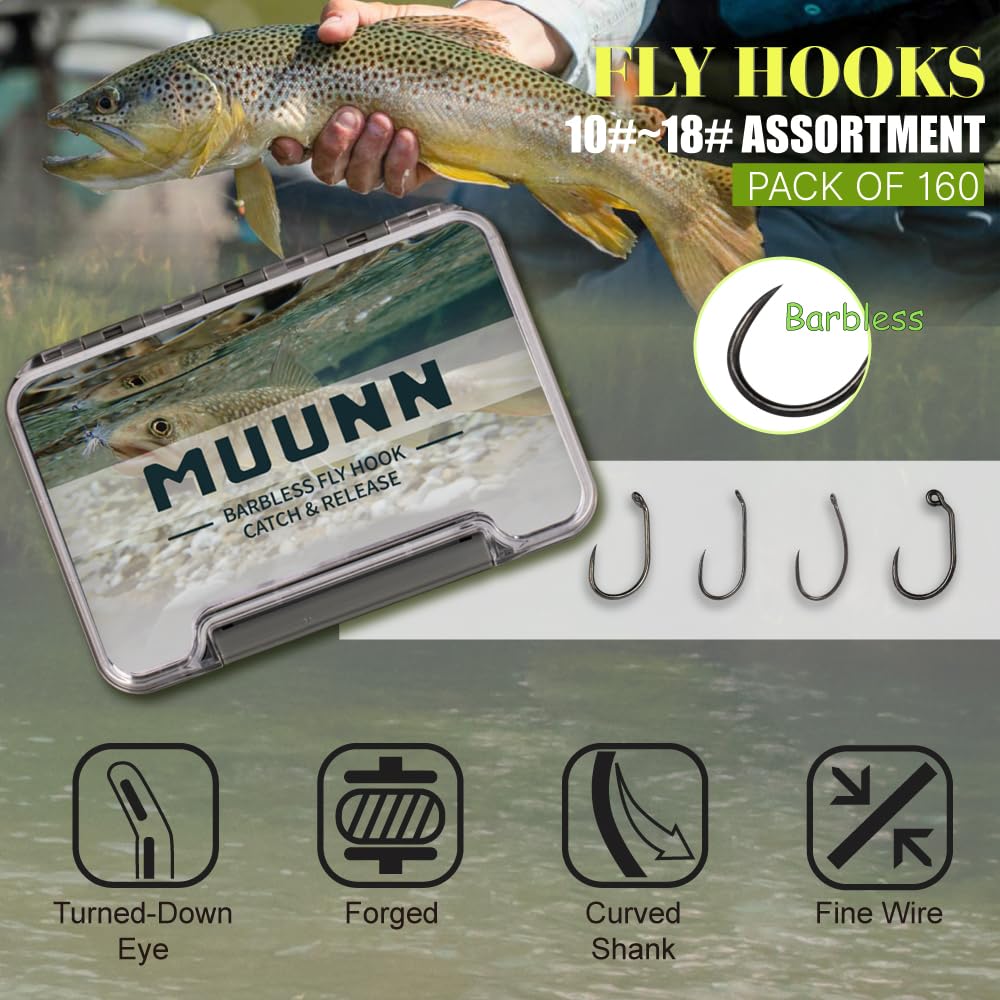 Close-up of high-carbon steel barbless fly tying hooks