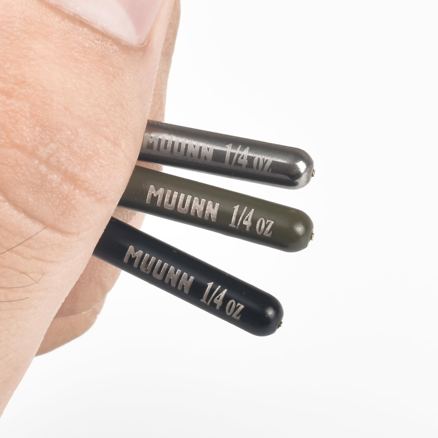 MUUNN tungsten drop shot weight in hand shows compact profile and high sensitivity.