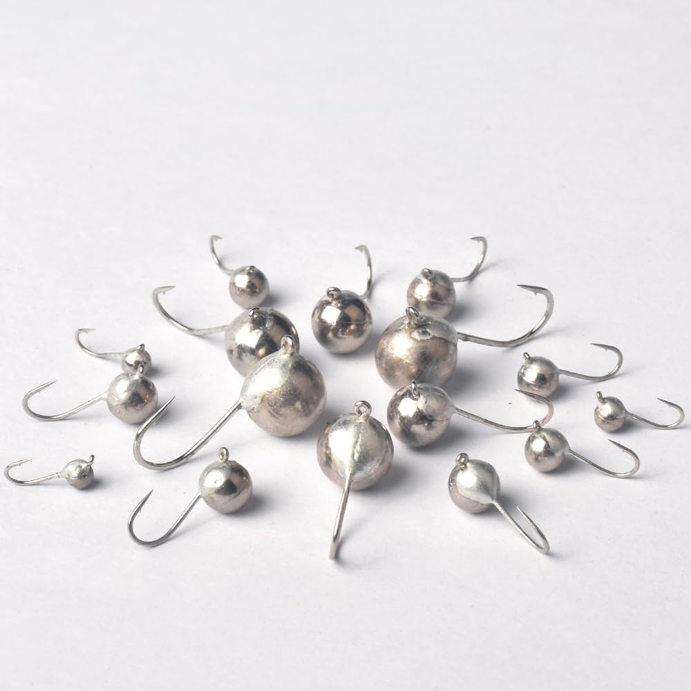 MUUNN tungsten ice jig with silvery finish attracting panfish through ice.