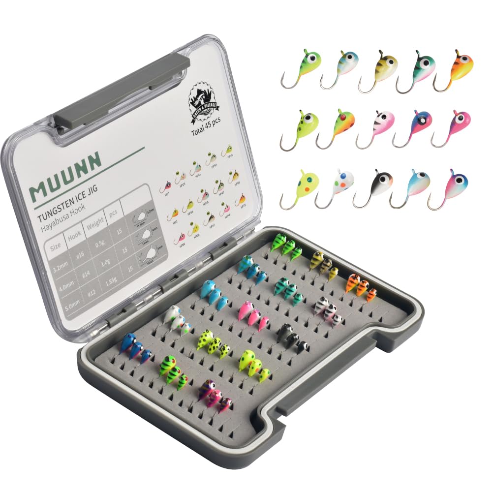 MUUNN 45-piece tungsten ice fishing jigs kit with glow colors