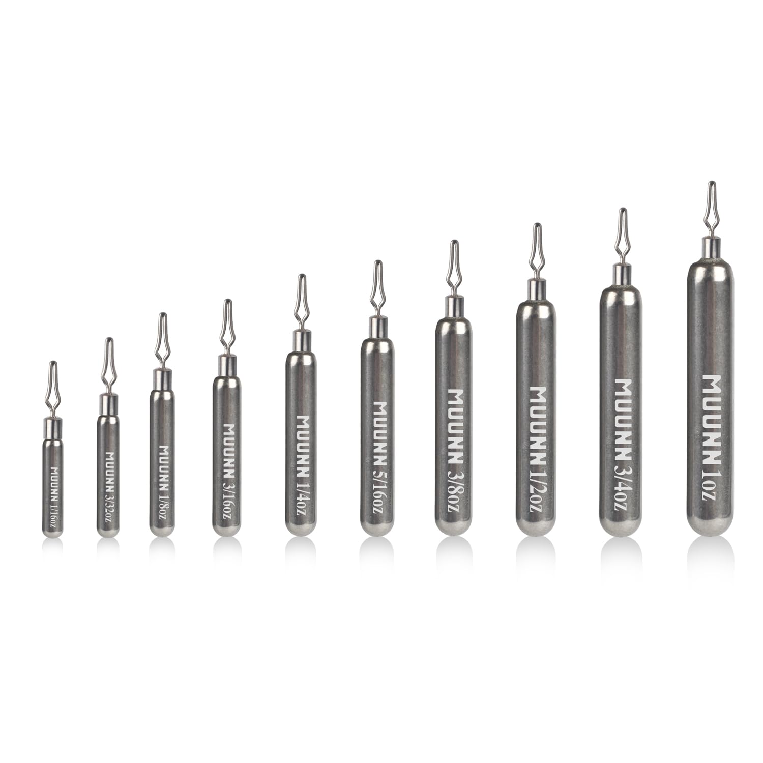 MUUNN tungsten skinny drop shot weights with 360° clip-eye for fast, snag-free setup.