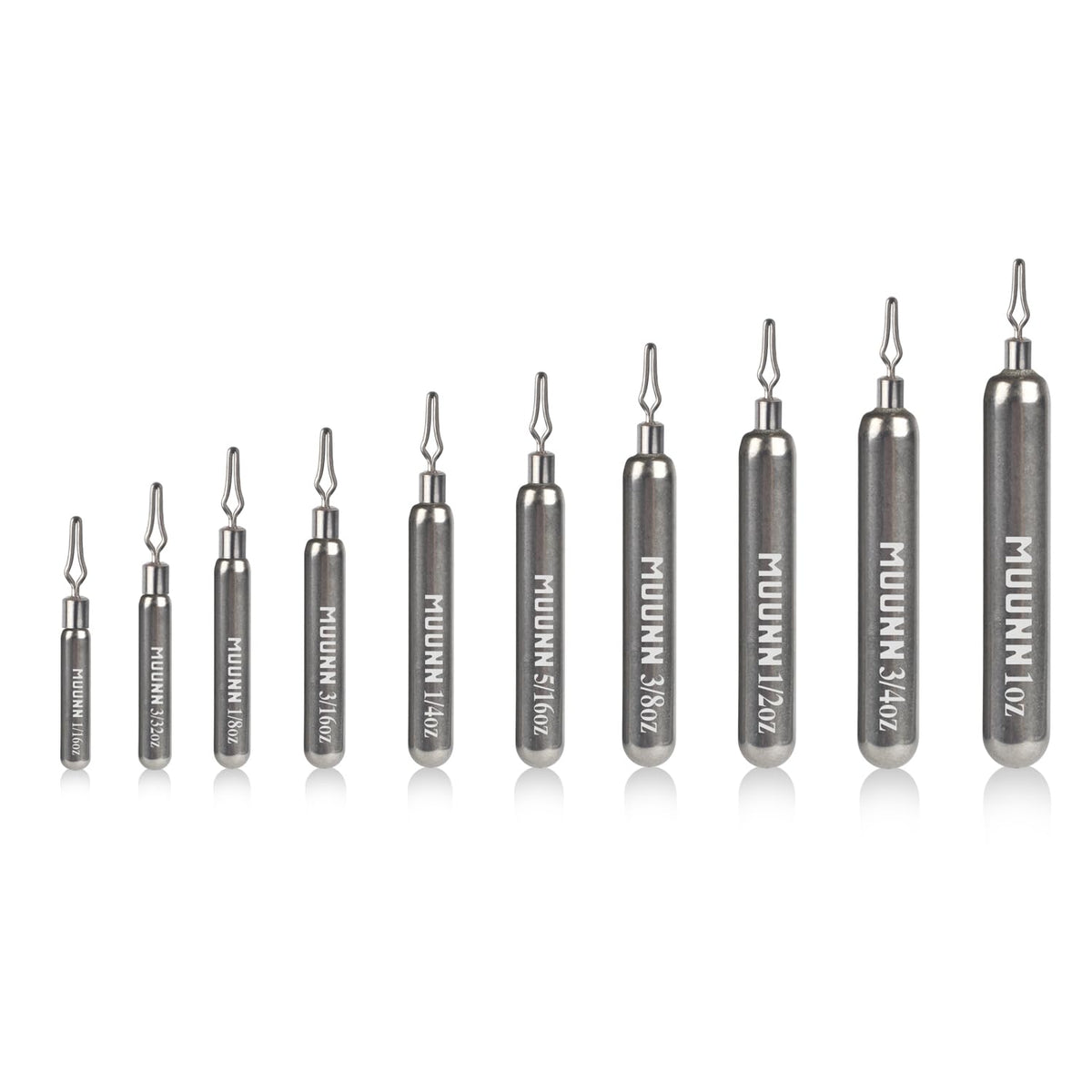 MUUNN tungsten skinny drop shot weights with 360° clip-eye for fast, snag-free setup.