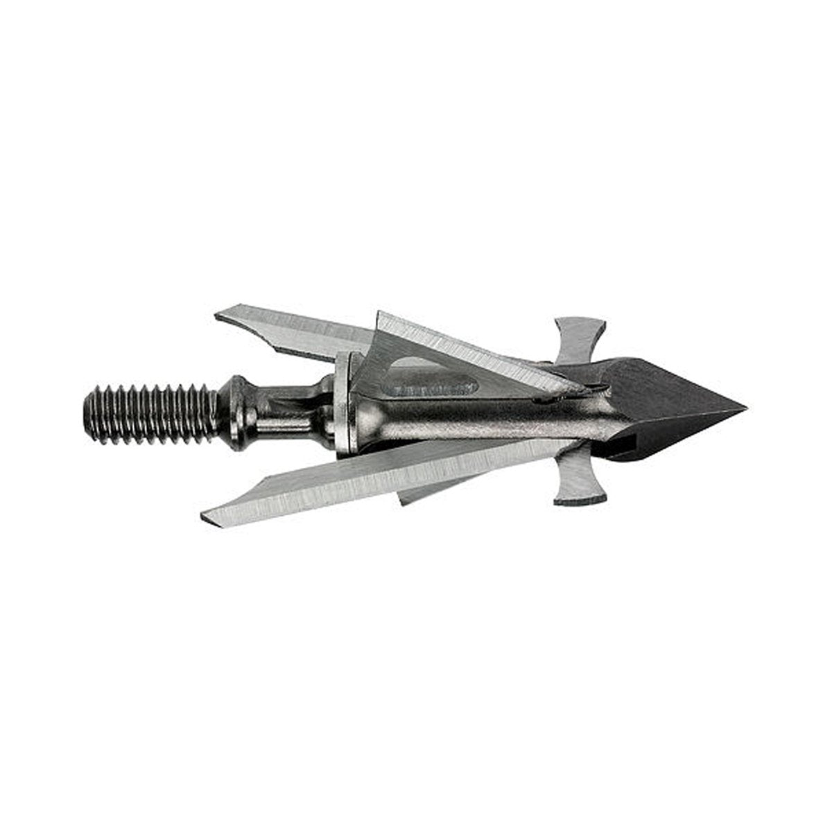 Muzzy Trocar HBX steel ferrule close-up with fixed blades in flight for field-point accuracy