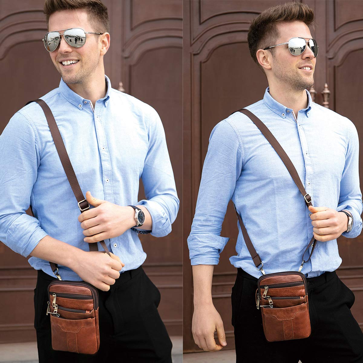 MXFDOKD men's leather pocket cellphone bag, side view, organized daily carry.