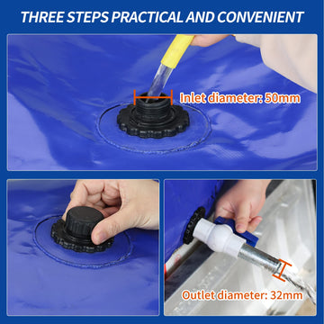 MXQMKL water bladder folded storage image emphasizes lightweight portability for RV trips.