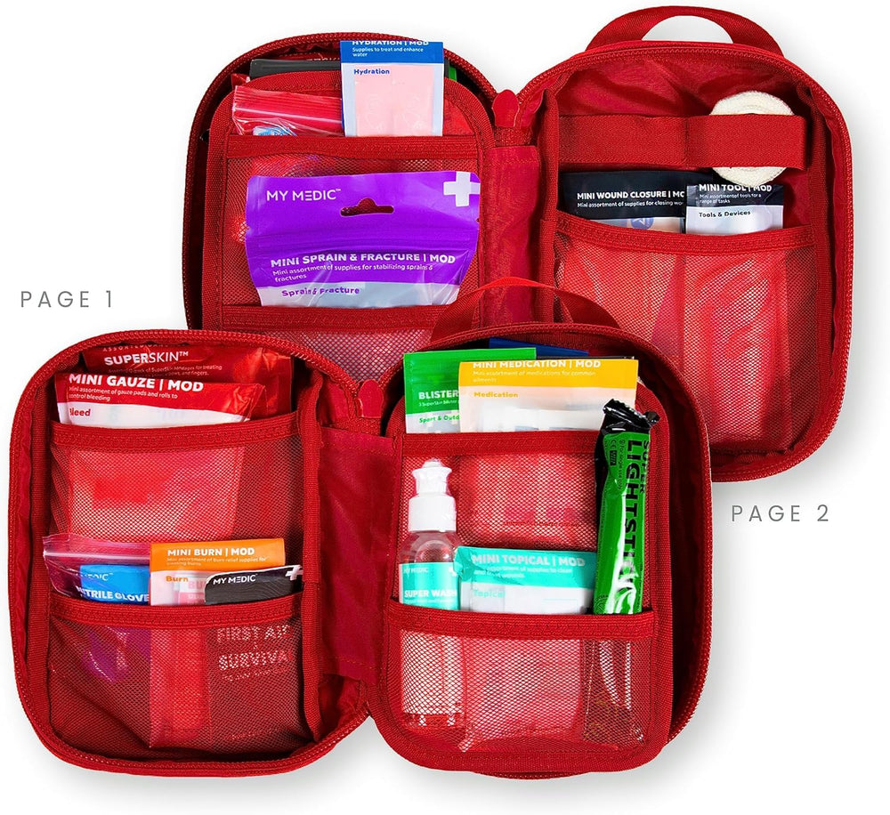 My Medic MyFak Mini kit includes gloves and bandages ready for minor trail injuries