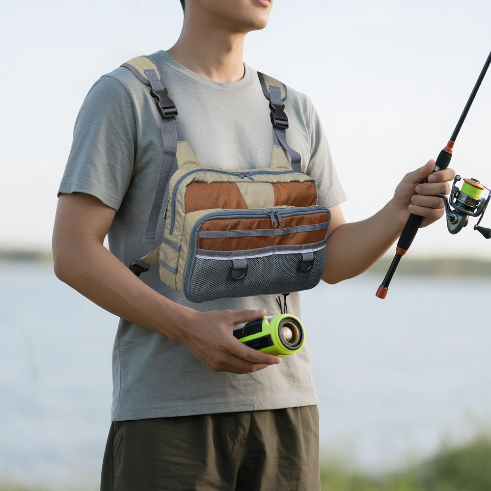 MYDAYS Fishing Chest Pack back view illustrating ergonomic wear for all-day comfort