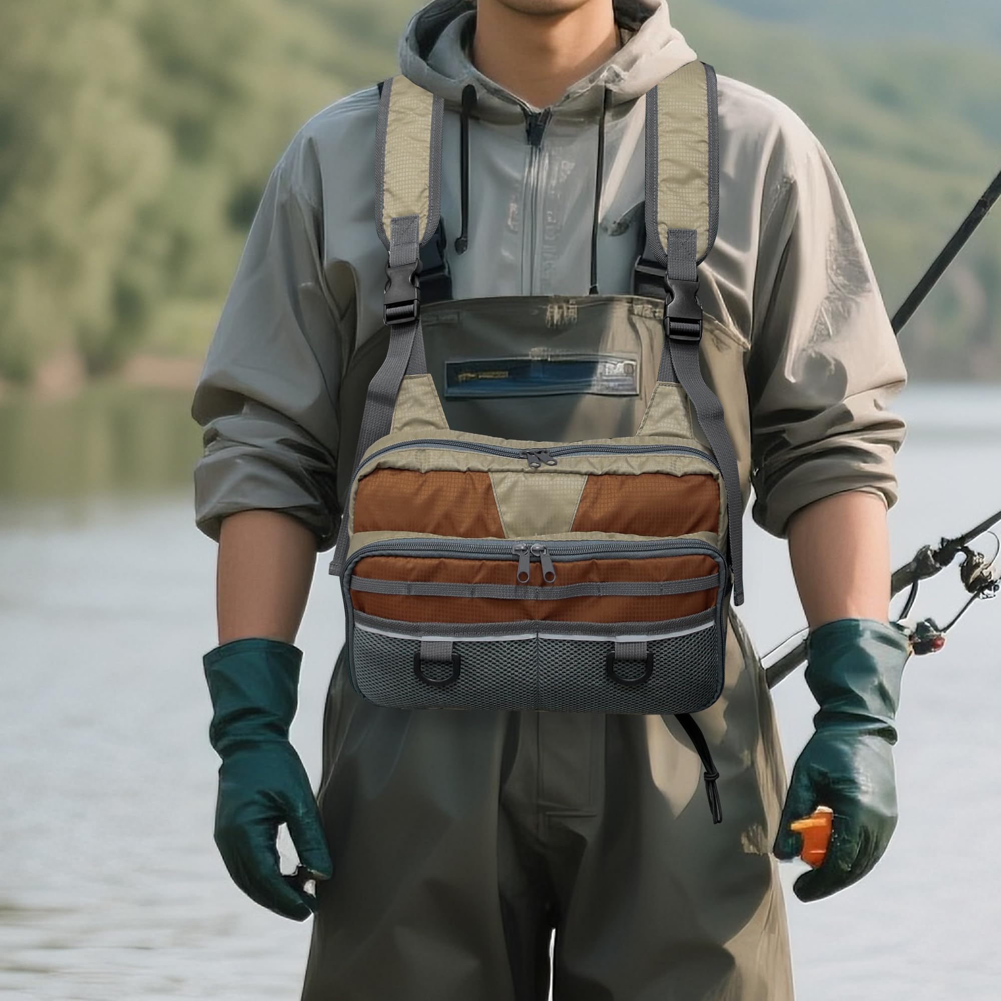 MYDAYS Fishing Chest Pack in-use scenario shows hands-free access on the water