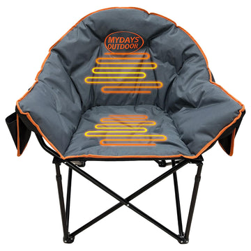 MYDAYS OUTDOOR heated chair front view shows plush padding for chilly camping sessions