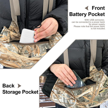 MYDAYS OUTDOOR heated hand muff zipper pocket shows secure battery storage and warmth
