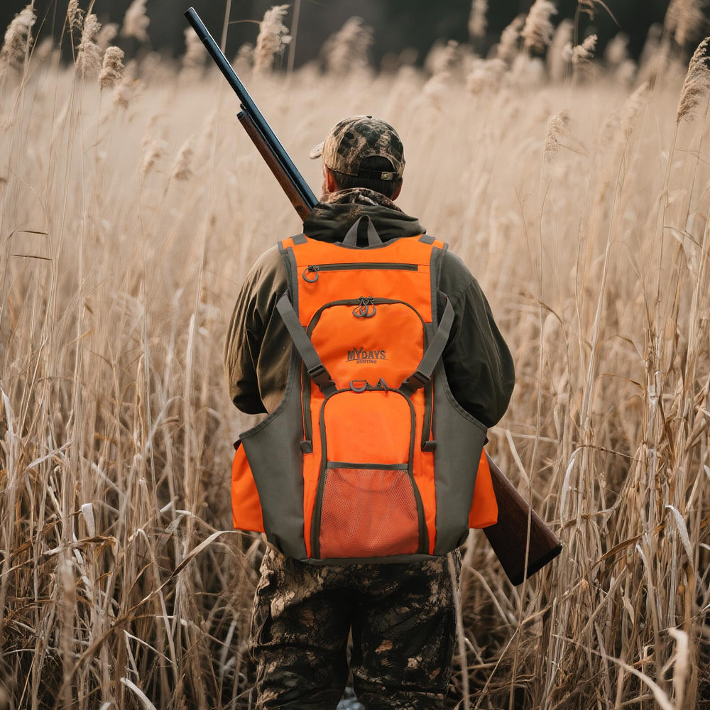 MYDAYS upland bird vest back view demonstrates sturdy construction for long field sessions