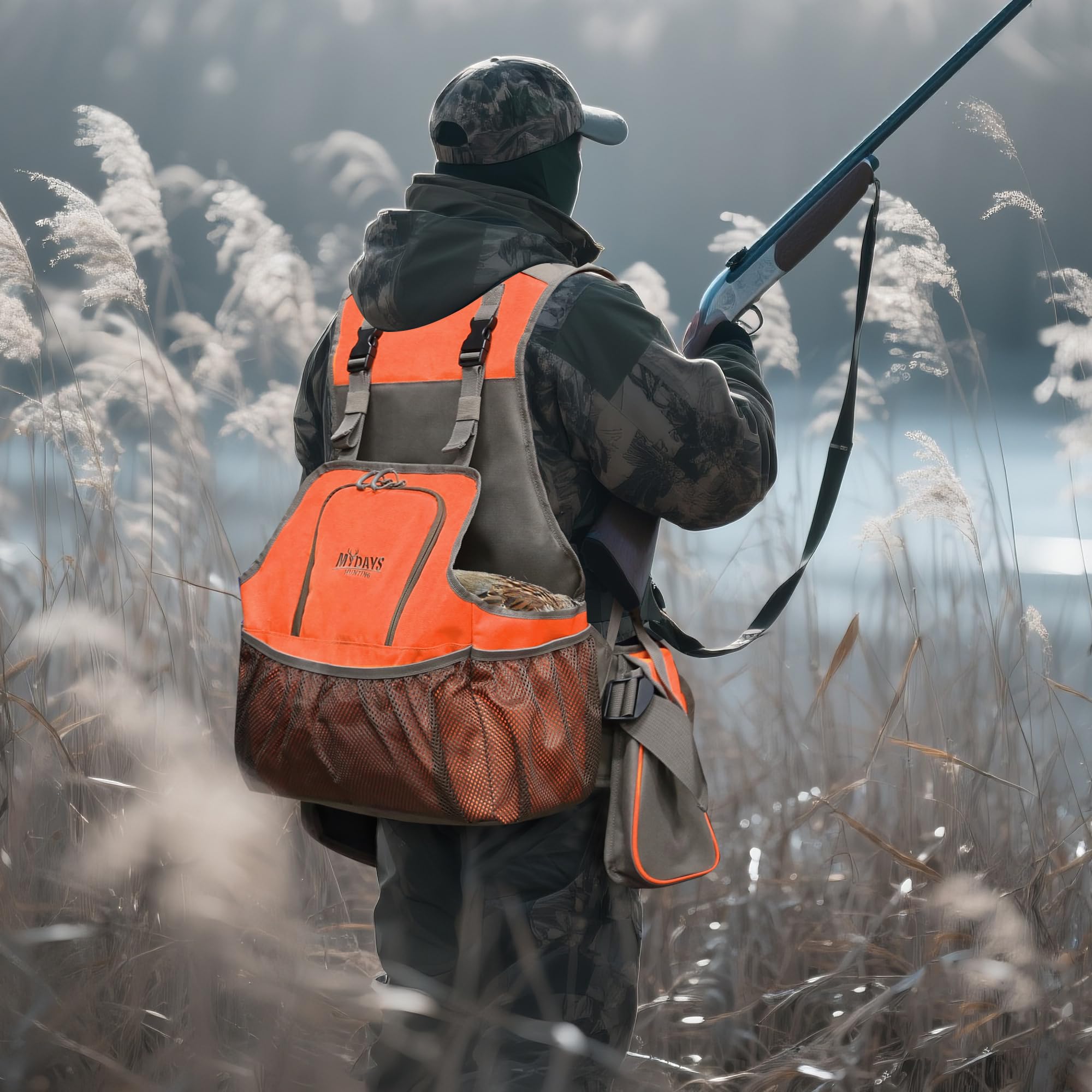 MYDAYS Upland Bird Vest high-visibility tones improve safety and signal other hunters.