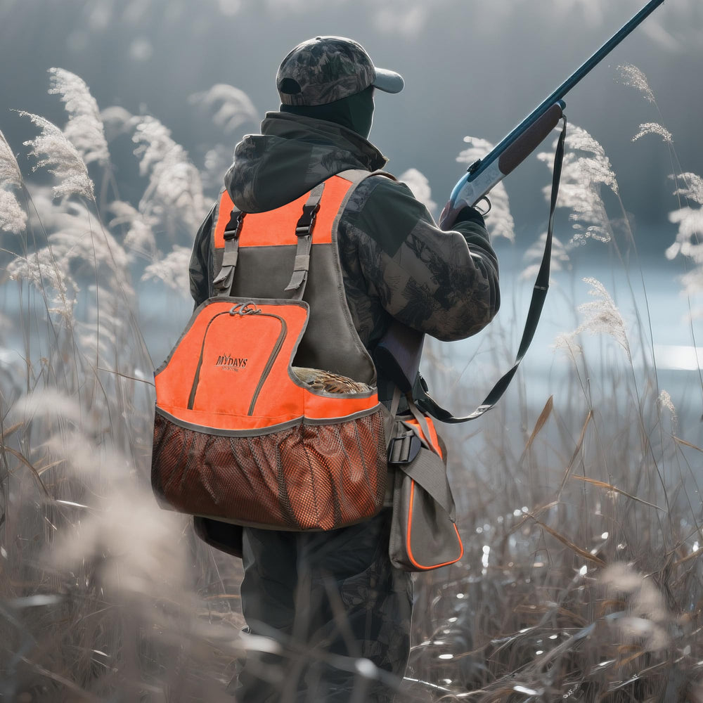 MYDAYS Upland Bird Vest high-visibility tones improve safety and signal other hunters.