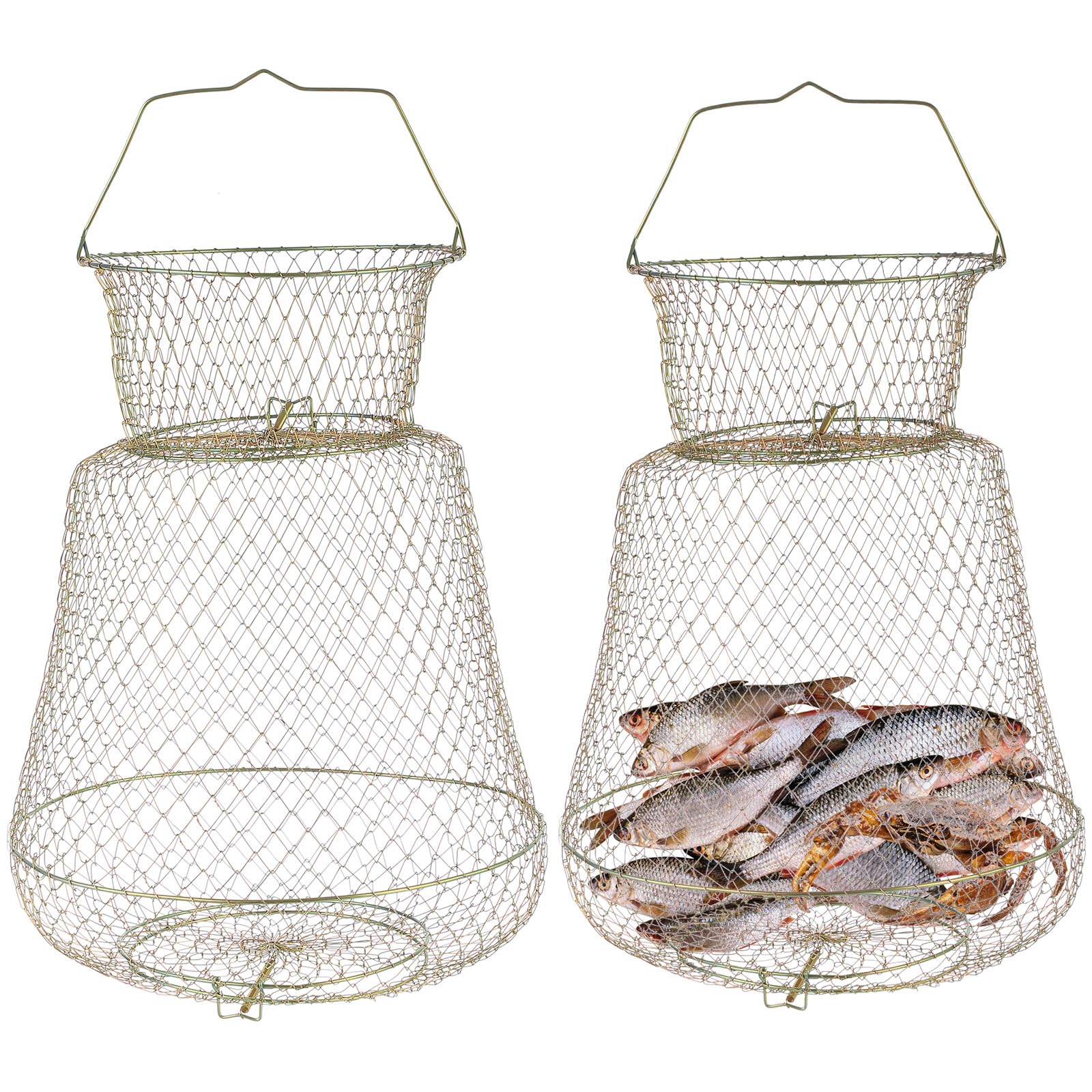 MYFULLY collapsible steel wire fishing basket 2 pack on a dock