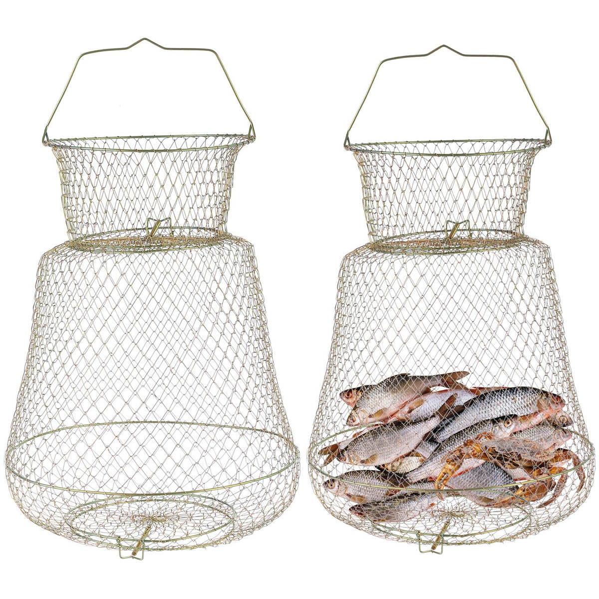 MYFULLY collapsible steel wire fishing basket 2 pack on a dock