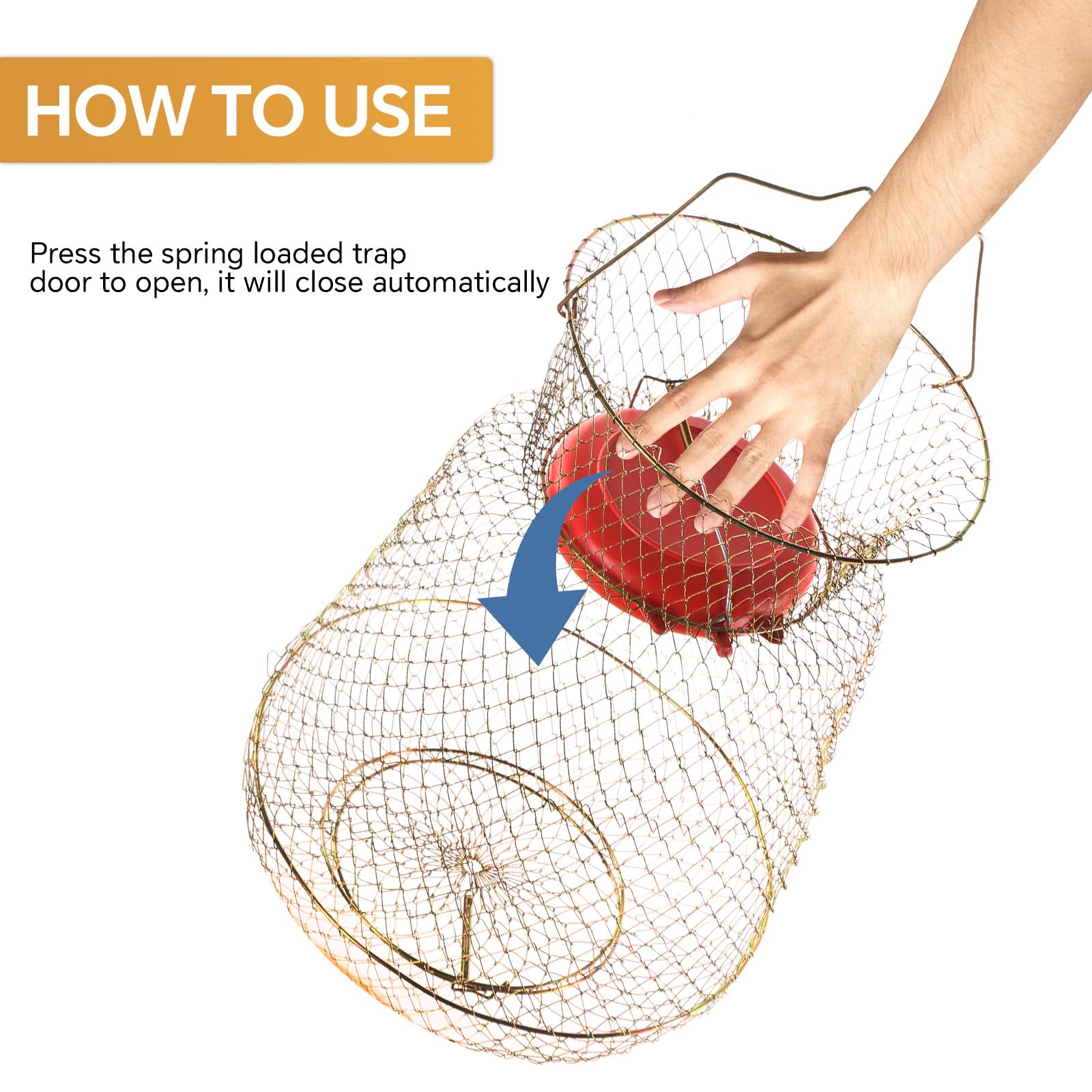 Gold color MYFULLY collapsible fish baskets being used in outdoor fishing