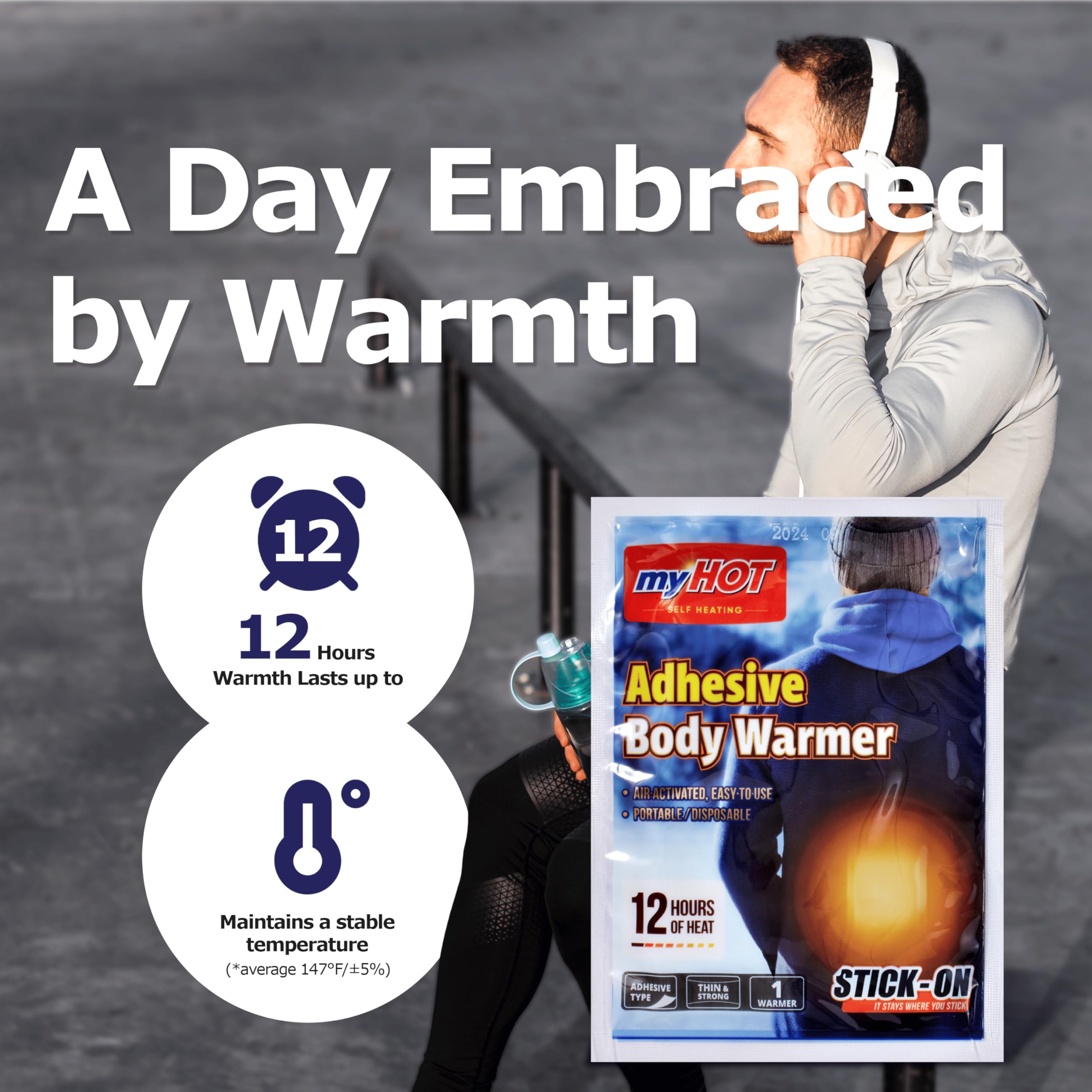 myHOT adhesive body warmer applied to shoulder for targeted warmth.