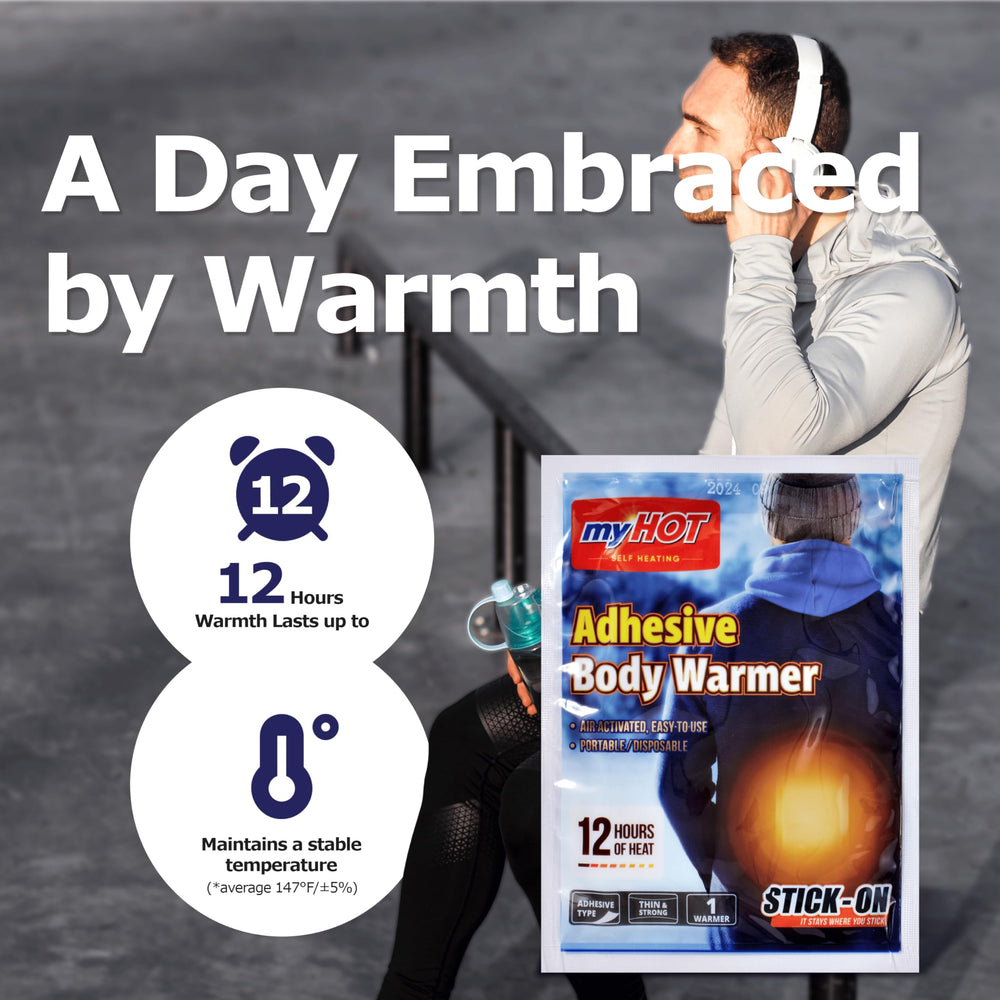 myHOT adhesive body warmer applied to shoulder for targeted warmth.