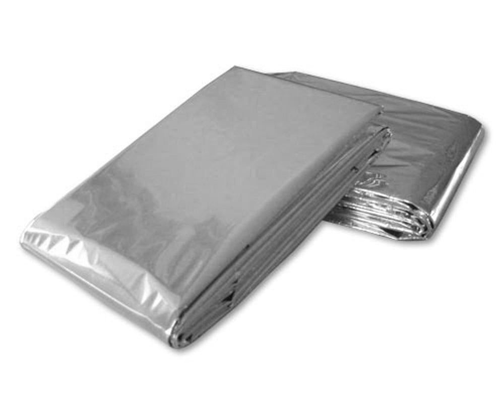 Mylar emergency blanket folded to wallet size for compact protection.