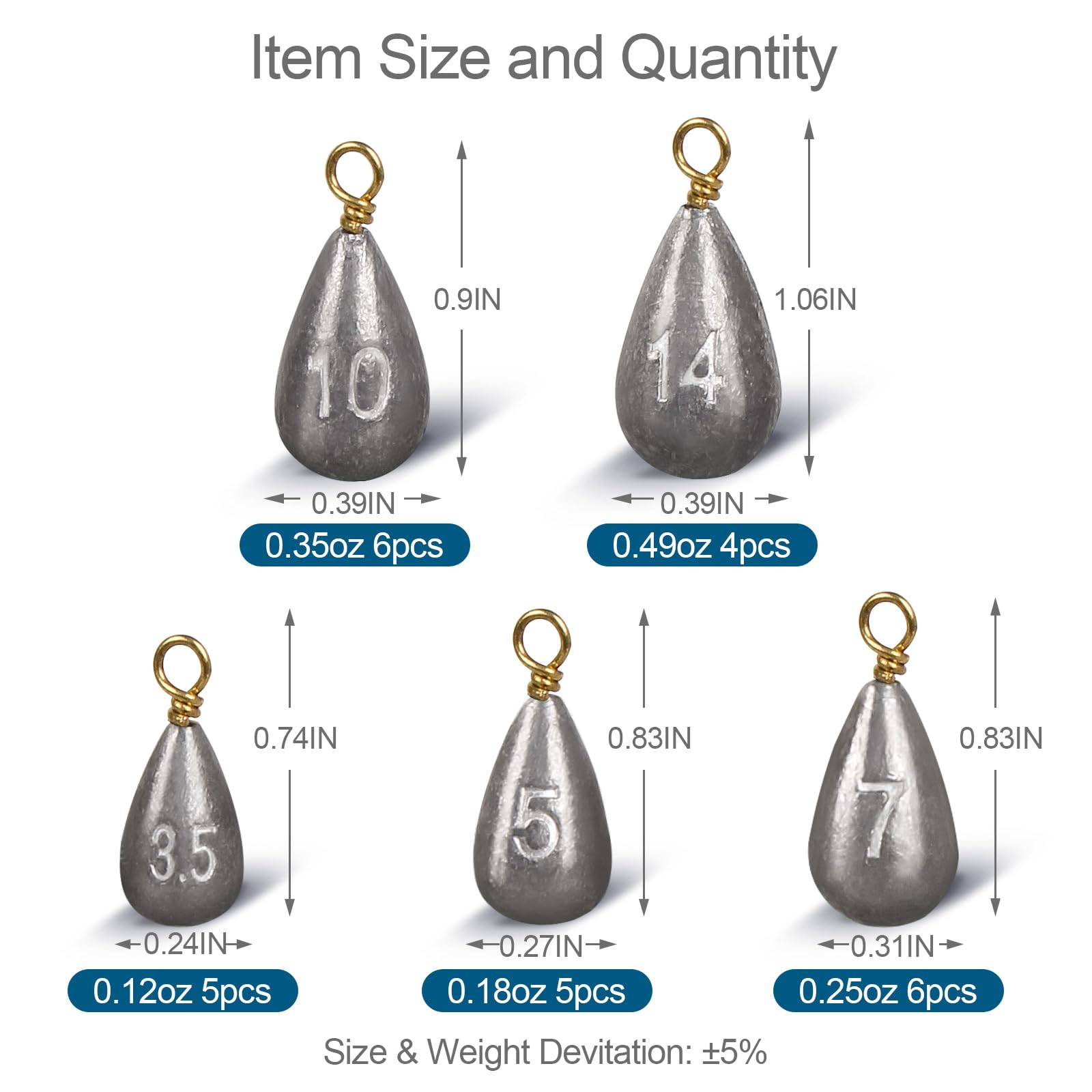 Different sizes of fishing weights: 1/2oz, 3/8oz, 1/4oz, 3/16oz, 1/8oz