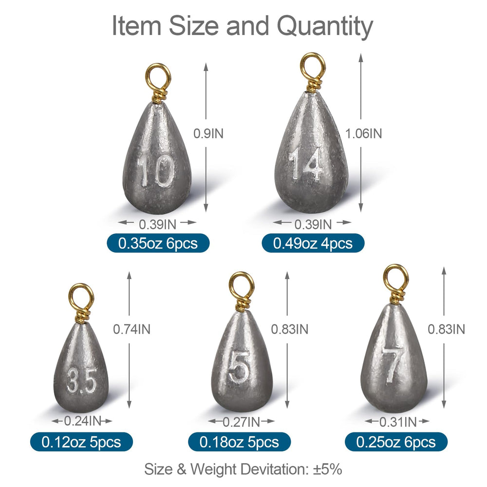 Different sizes of fishing weights: 1/2oz, 3/8oz, 1/4oz, 3/16oz, 1/8oz