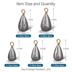 Different sizes of fishing weights: 1/2oz, 3/8oz, 1/4oz, 3/16oz, 1/8oz