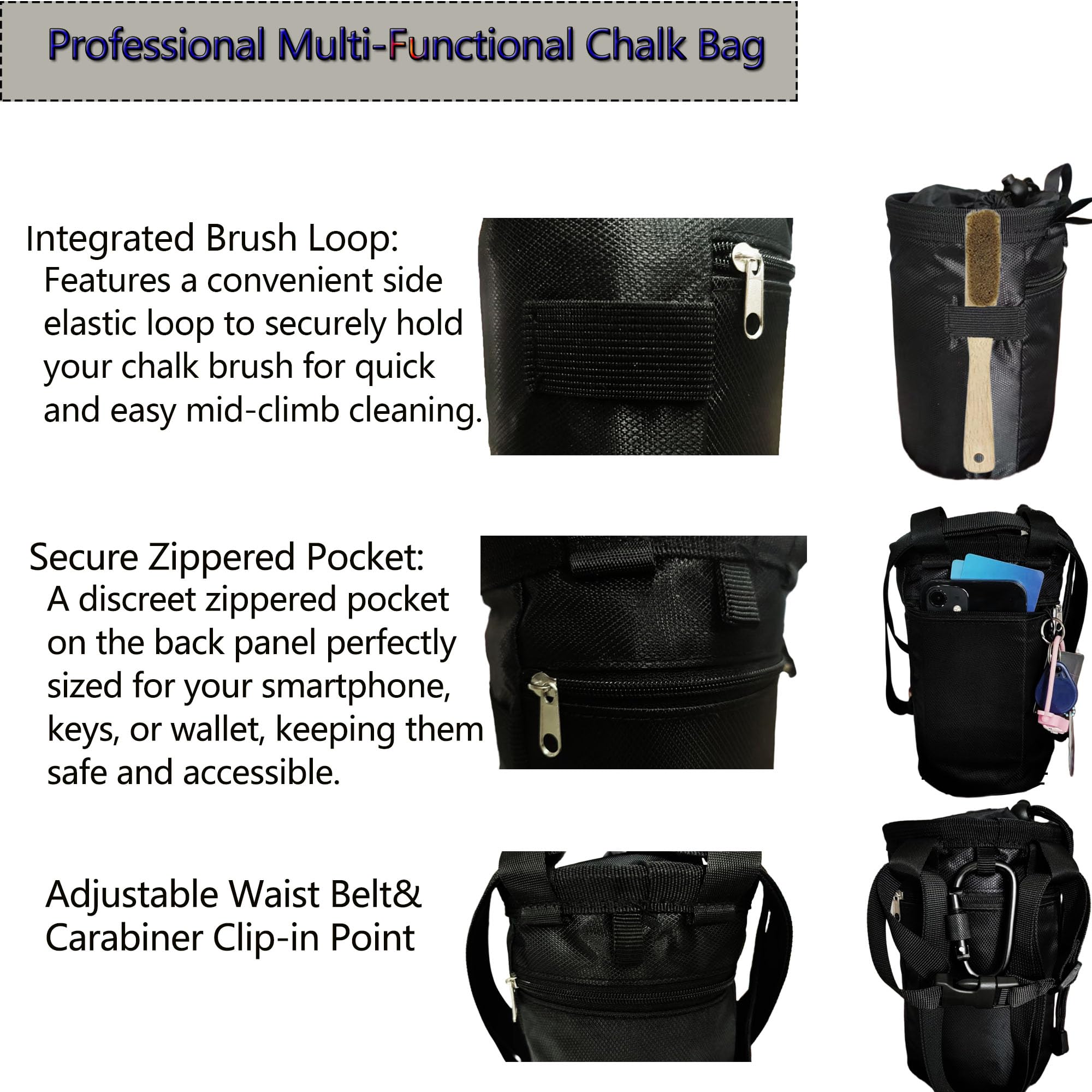 Myradixu chalk bag with side zip pocket stores keys and phone securely