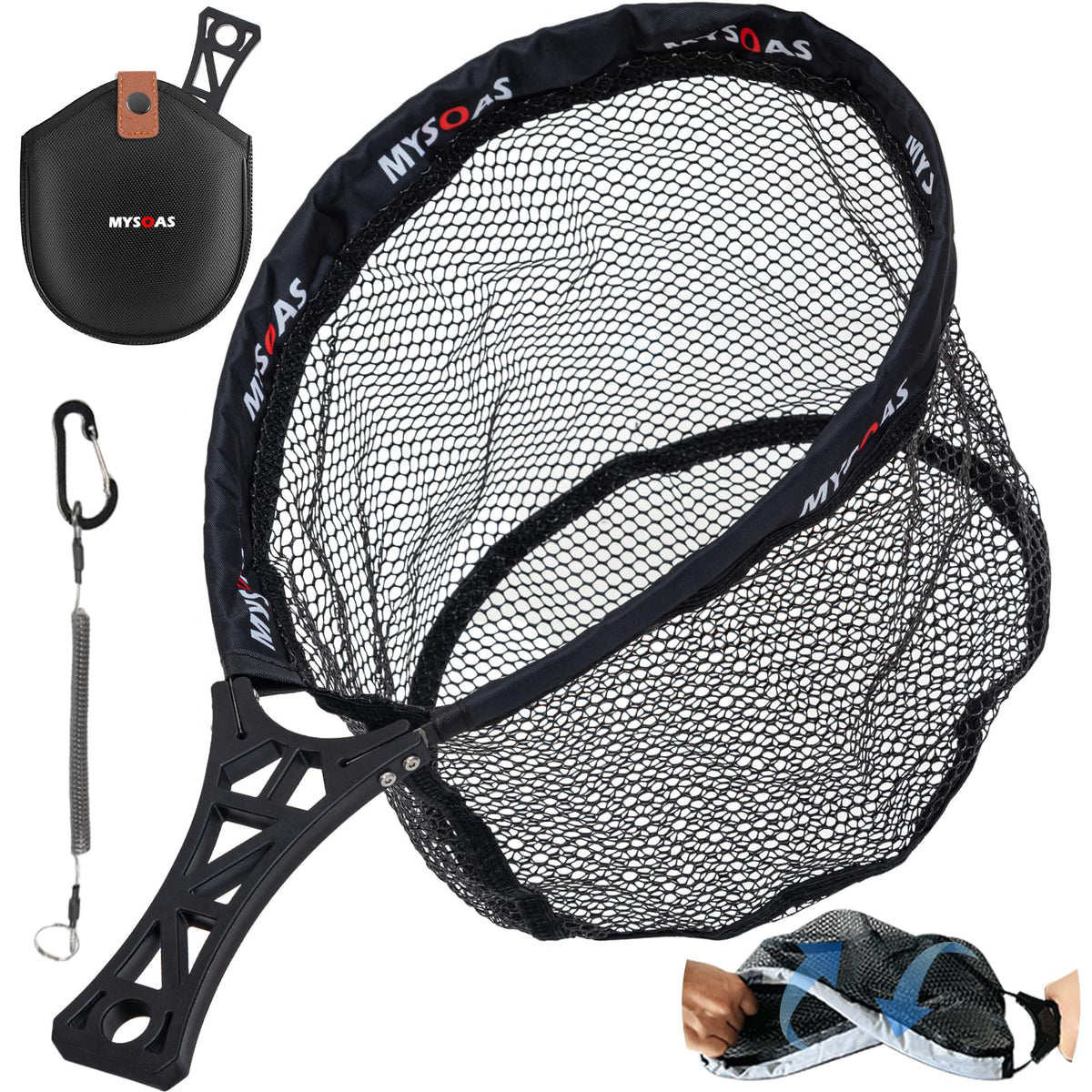 MYSOAS collapsible fly fishing net with open rubber-coated mesh for trout