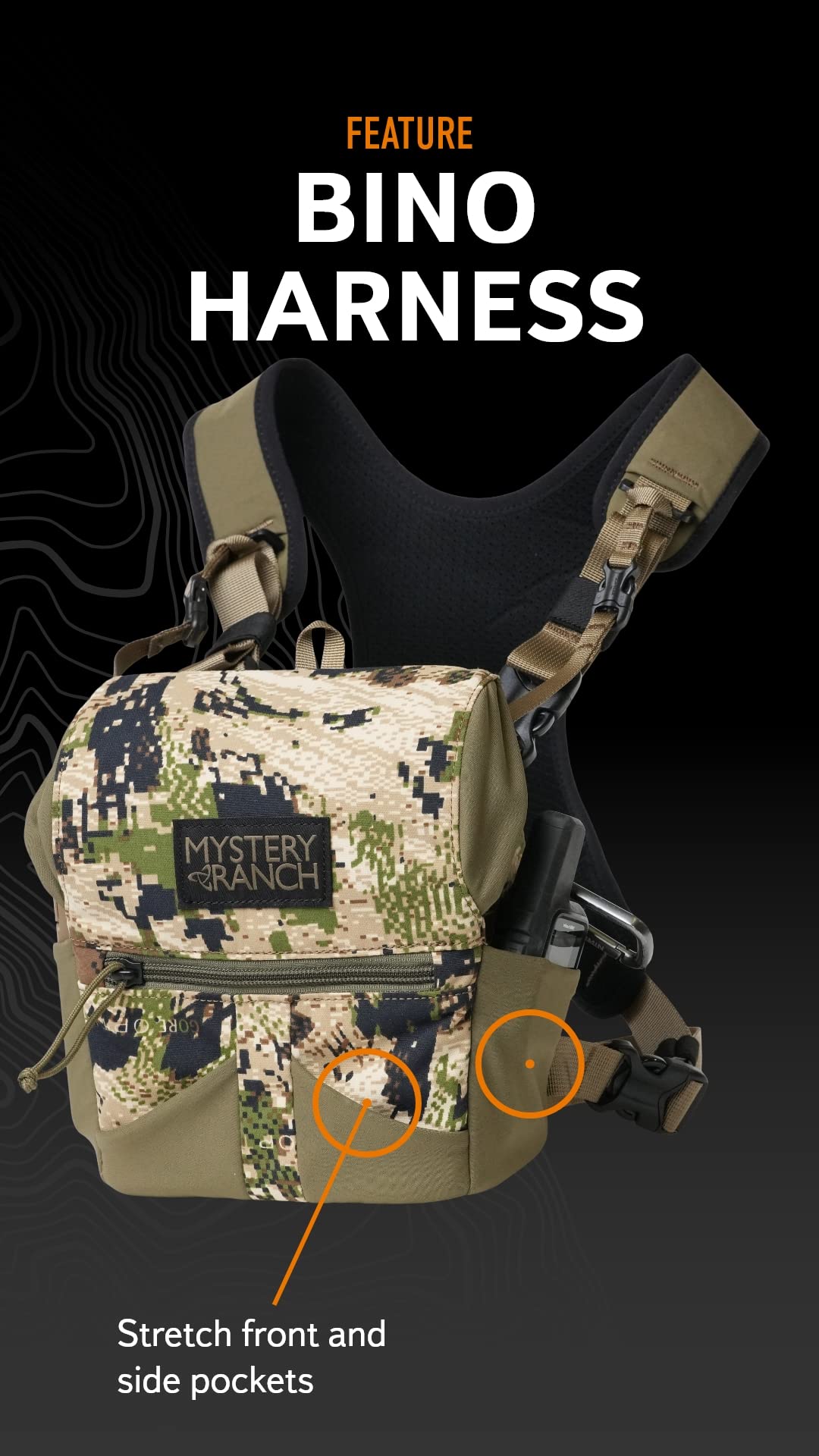 Mystery Ranch Bino Harness coyote XL color option complements field camouflage