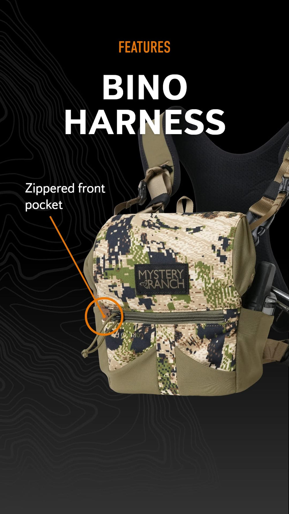 Mystery Ranch Bino Harness stretch side pockets hold extra essentials securely