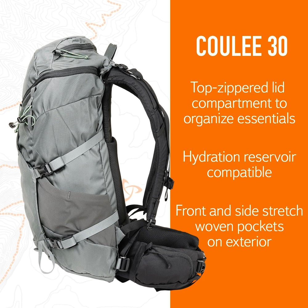 Mystery Ranch Coulee 30 backpack lid-pocket detail for quick access.