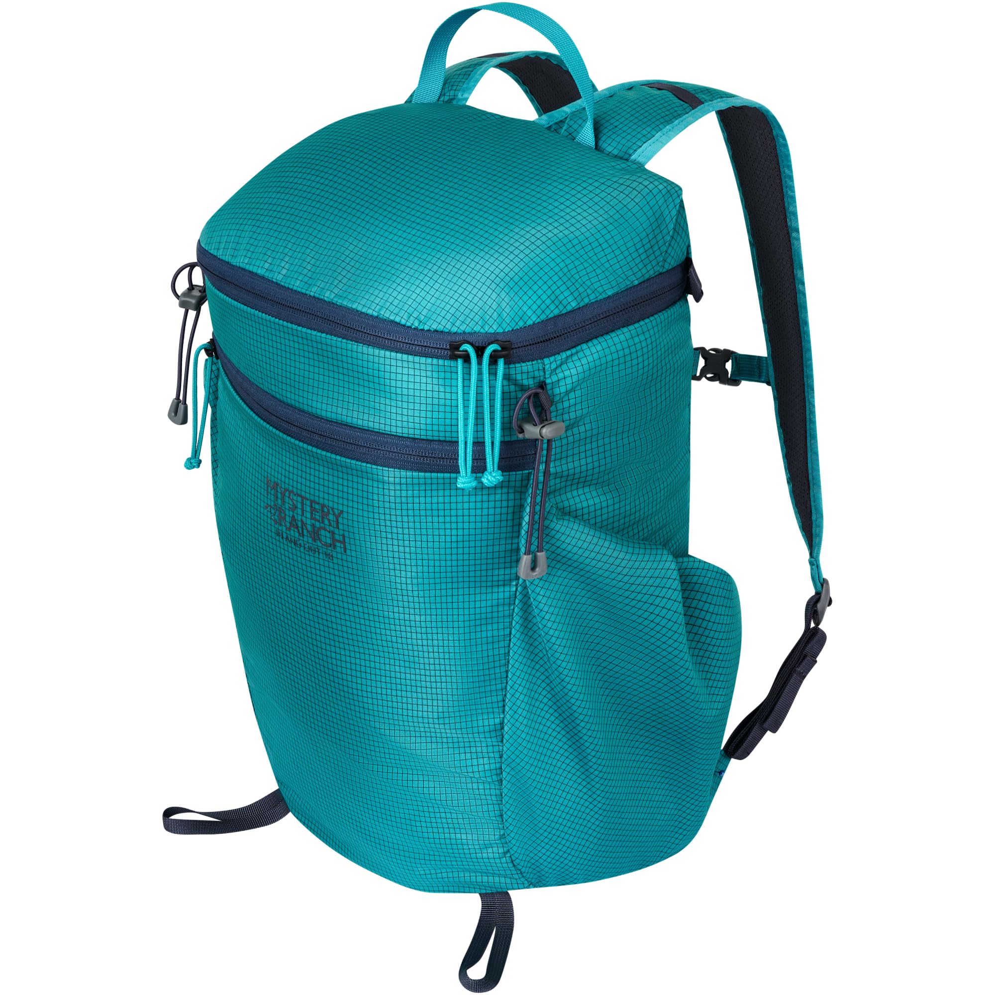 Mystery Ranch In & Out packable backpack aqua folded in front pocket for easy storage