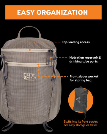 Mystery Ranch In & Out aqua backpack shown with breathable shoulder straps for all-day comfort