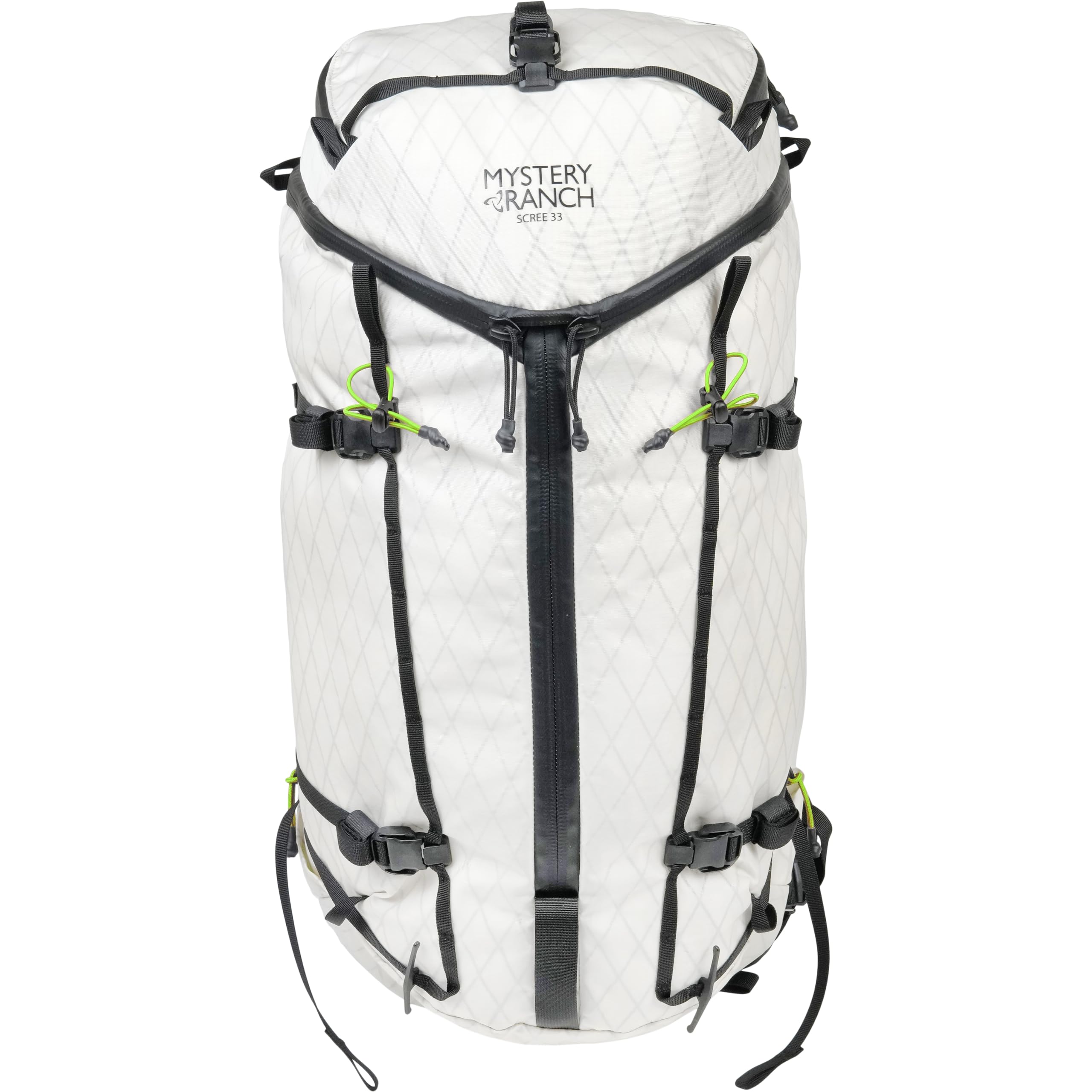 Mystery Ranch Scree 33 front view shows compact hiking-ready pack for day trips.