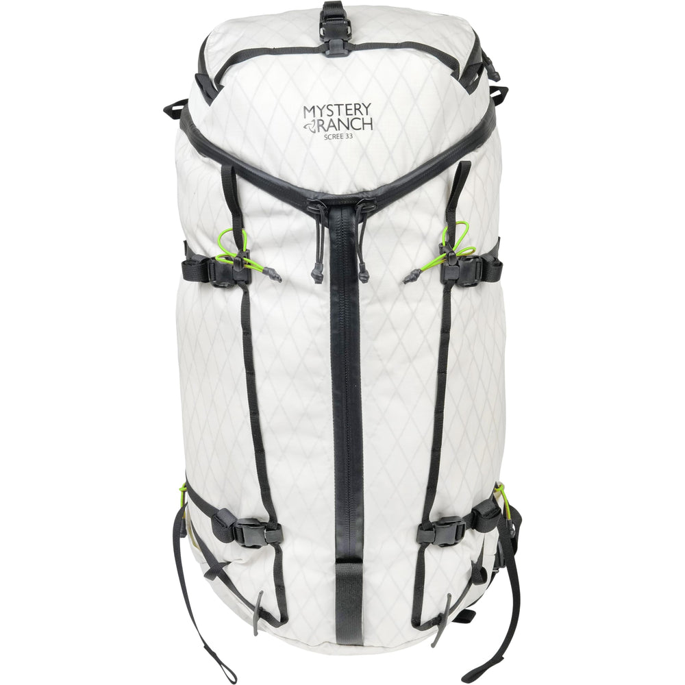 Mystery Ranch Scree 33 front view shows compact hiking-ready pack for day trips.