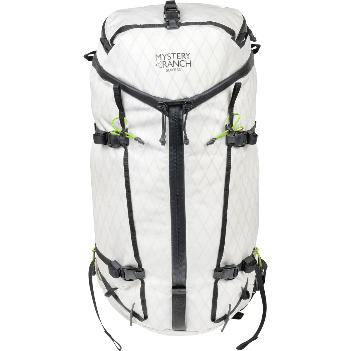 Mystery Ranch Scree 33 front view shows compact hiking-ready pack for day trips.