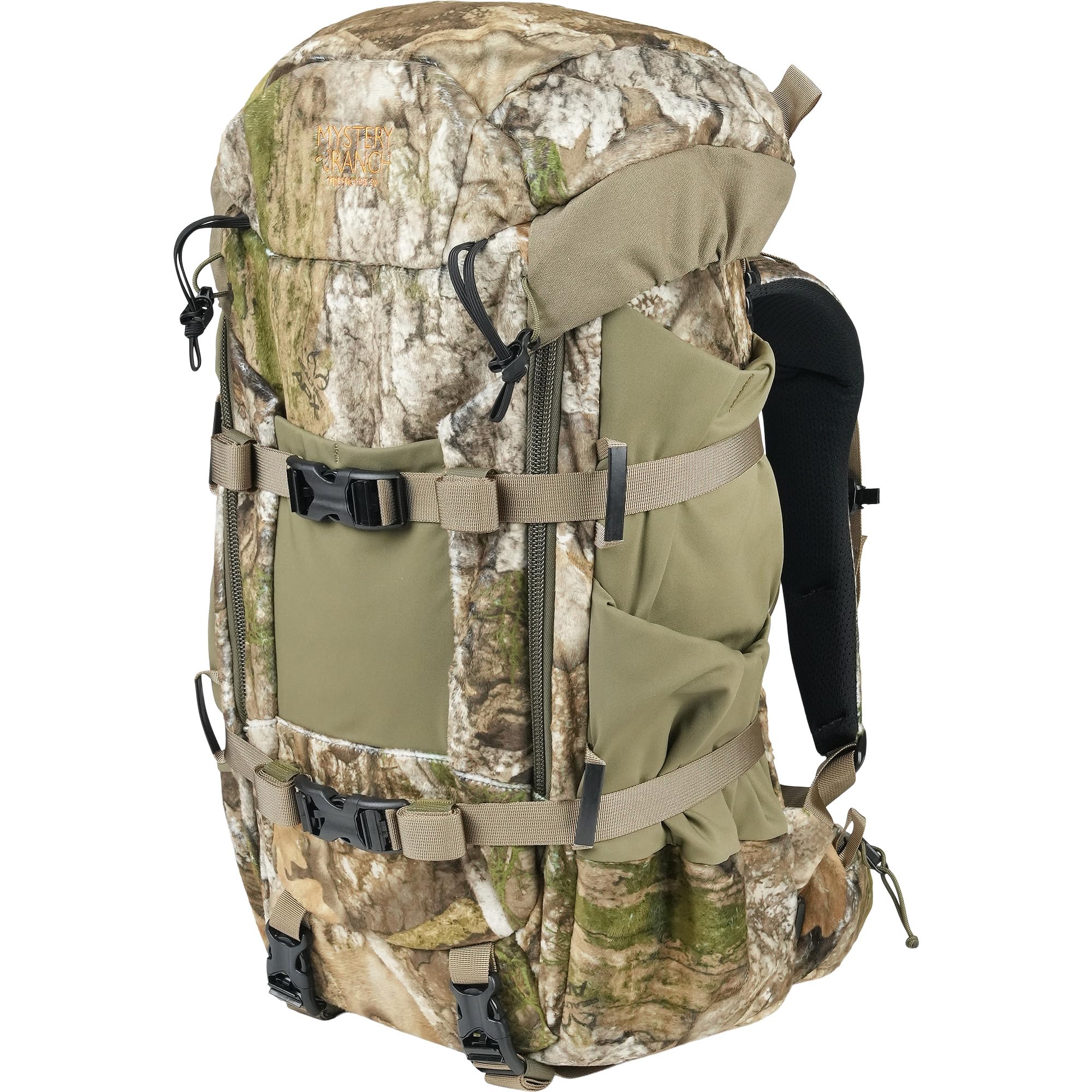 Mystery Ranch Treehouse 38 backpack front view showing stealthy, water-resistant build.