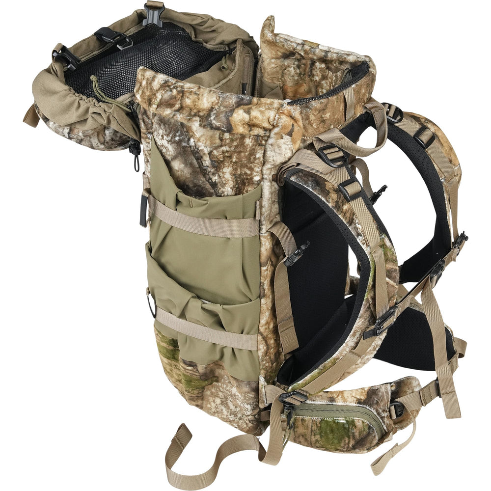 Mystery Ranch Treehouse 38 backpack with bow and climbing sticks for versatile use.