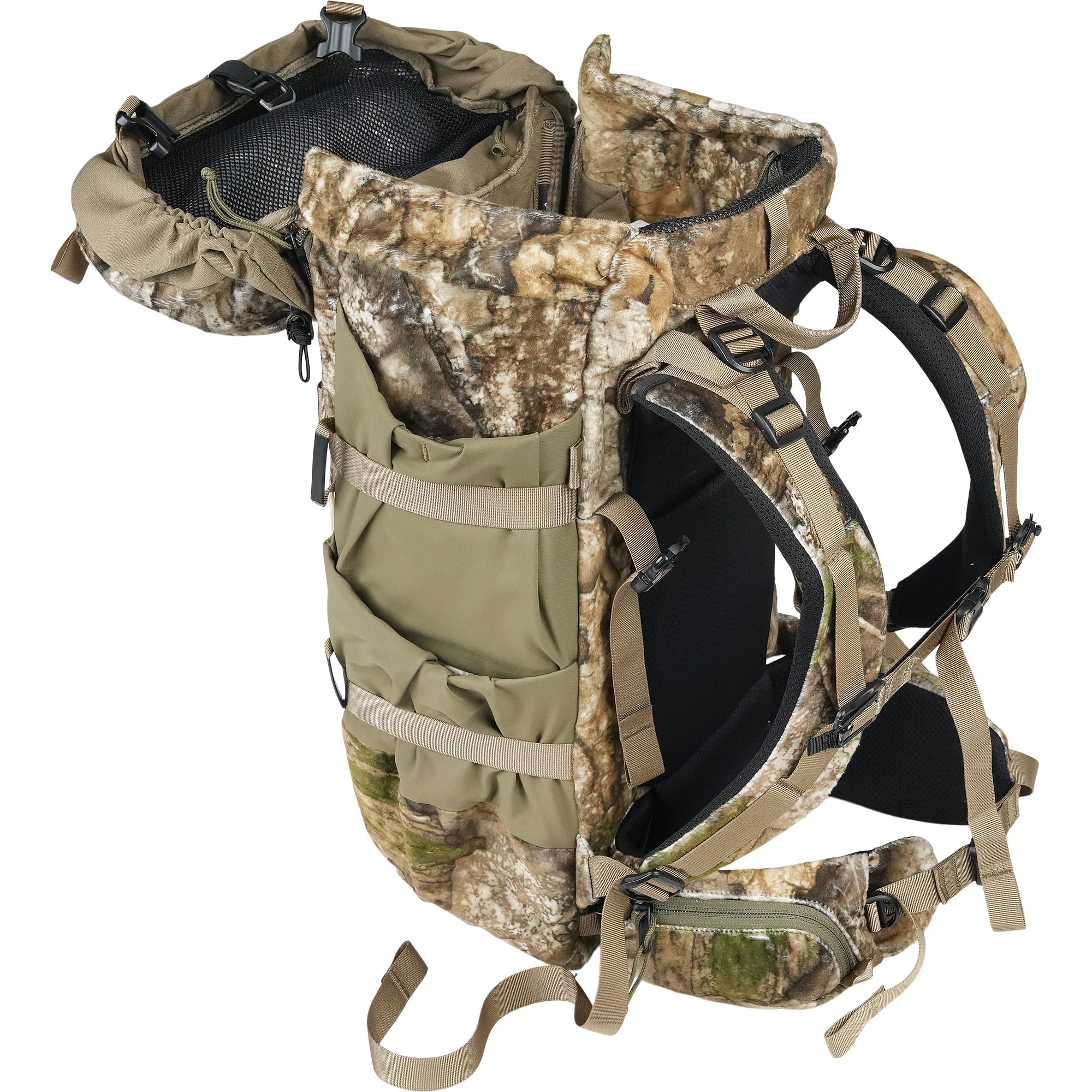 Mystery Ranch Treehouse 38 backpack with bow and climbing sticks for versatile use.