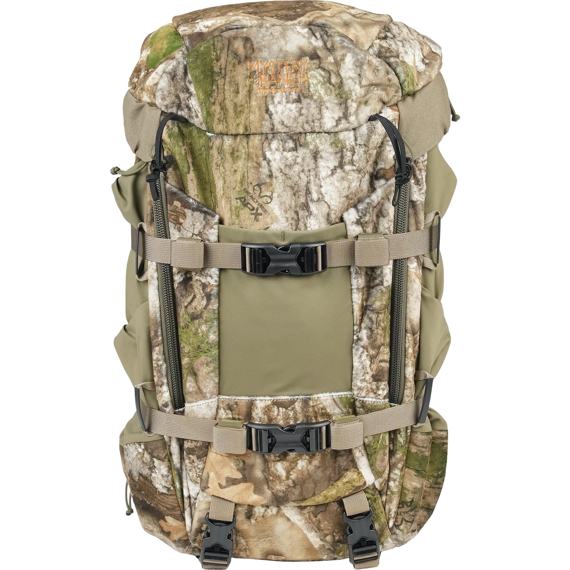 Mystery Ranch Treehouse 38 backpack side pocket use for gear organization.