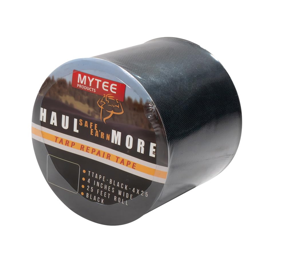 Mytee Products tarp repair tape 4x25 applied to torn tarp for quick fix.